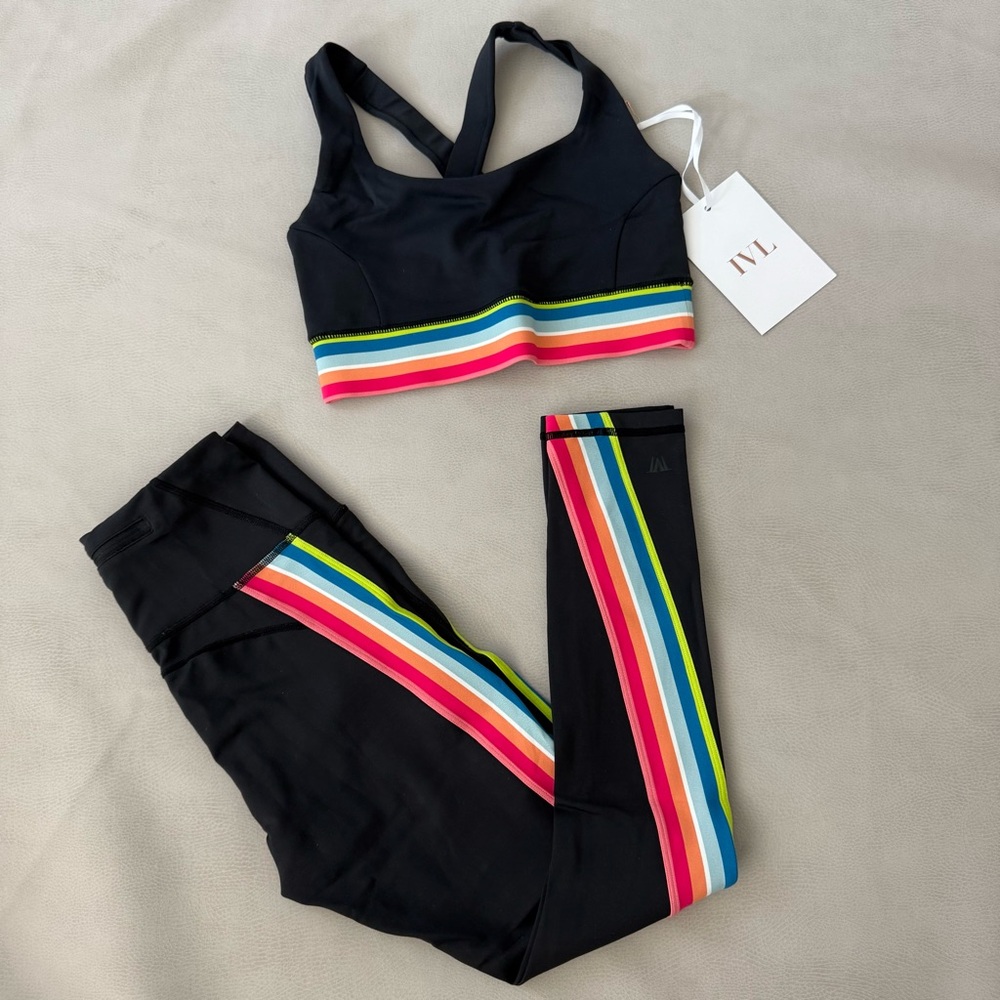 IVL Black Sports Bra and Leggings Set with Rainbow Stripes